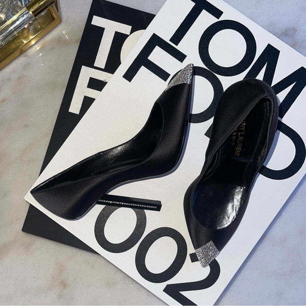 Saint Laurent Tower Crystal Embellished Satin Pump in Black Womens 37.5 New NIB